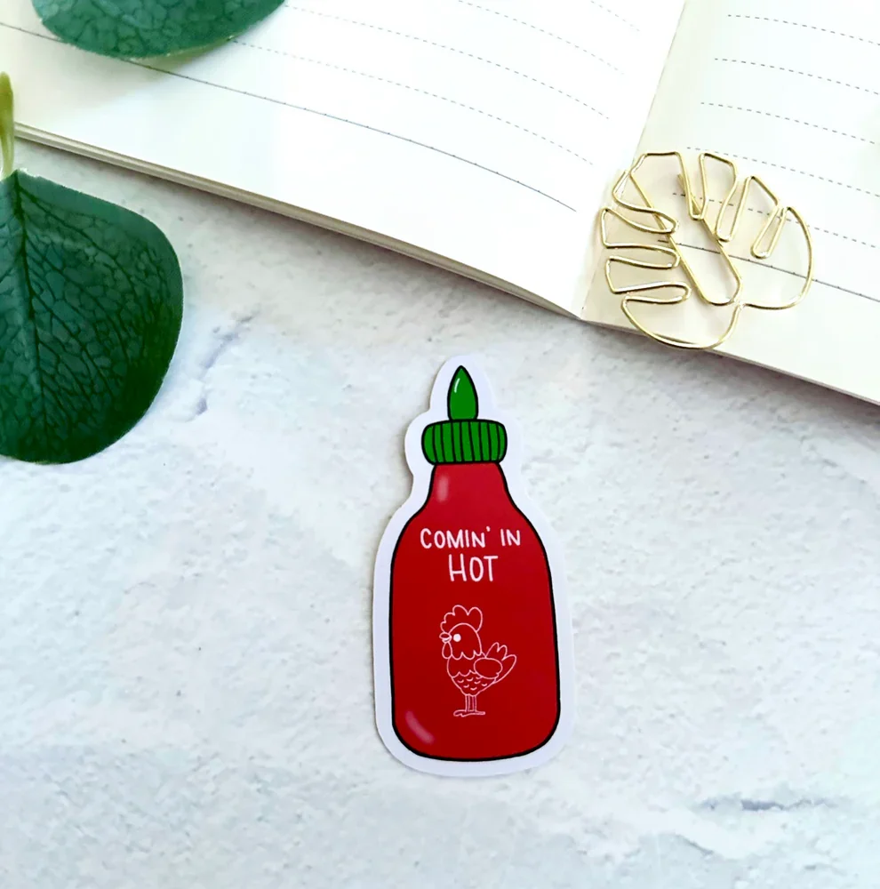 Comin’ in Hot Sriracha Hot Sauce Bottle Die Cut Sticker